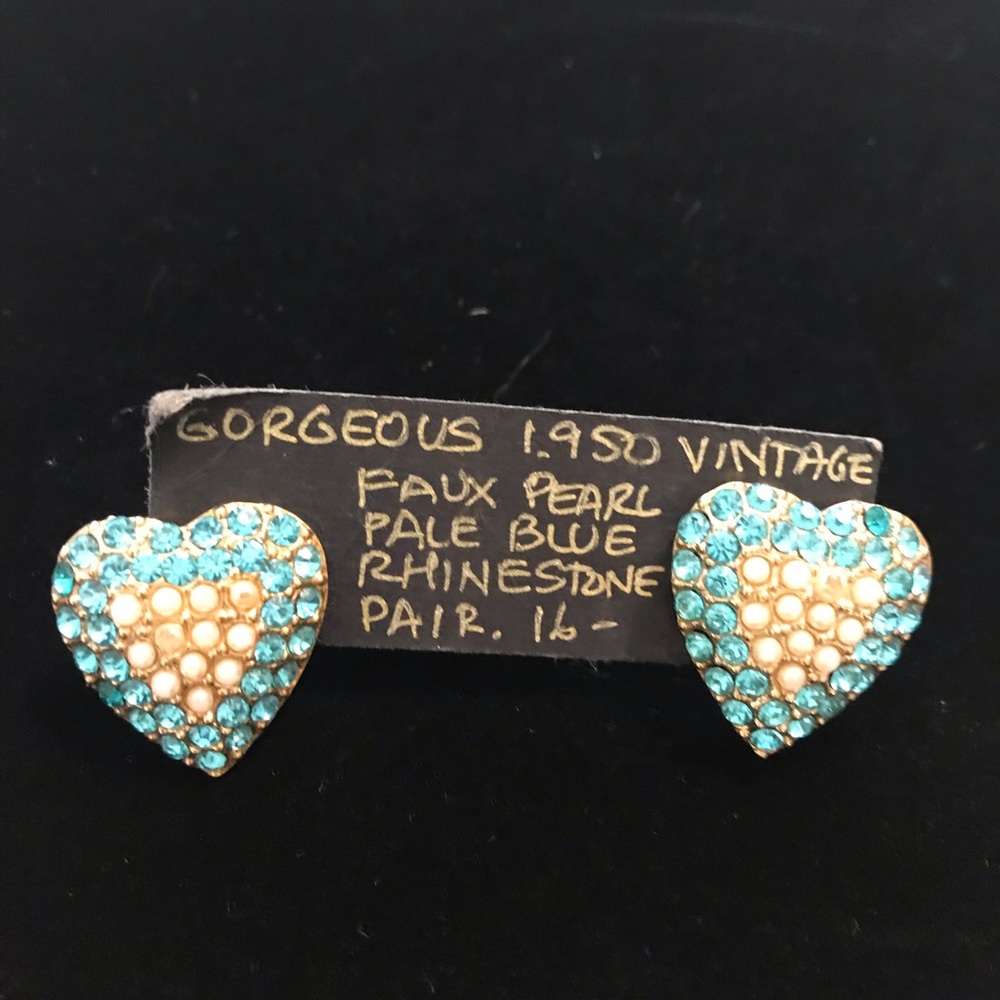 💙Vtg 1950’s Heart Earrings Blue Rhinestone Gold Pearls Retro Pinup Valentines